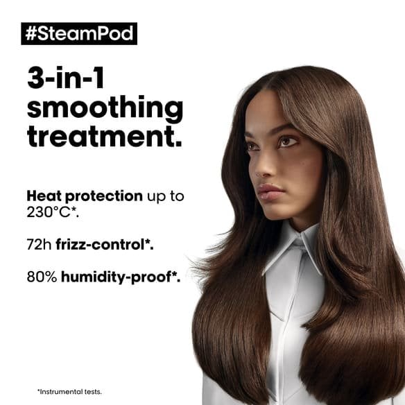 L'Oréal Professionnel Steampod Protective Smoothing Serum — official claim card: 3-in-1 smoothing treatment, heat protection to 230°C, 72h frizz control, 80% humidity-proof