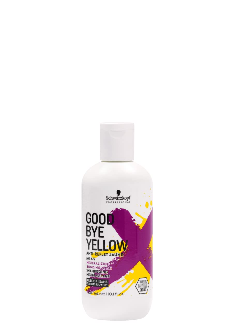 Bonacure Goodbye Yellow Wash — 300 ml bottle front, white bottle with purple X, plain background