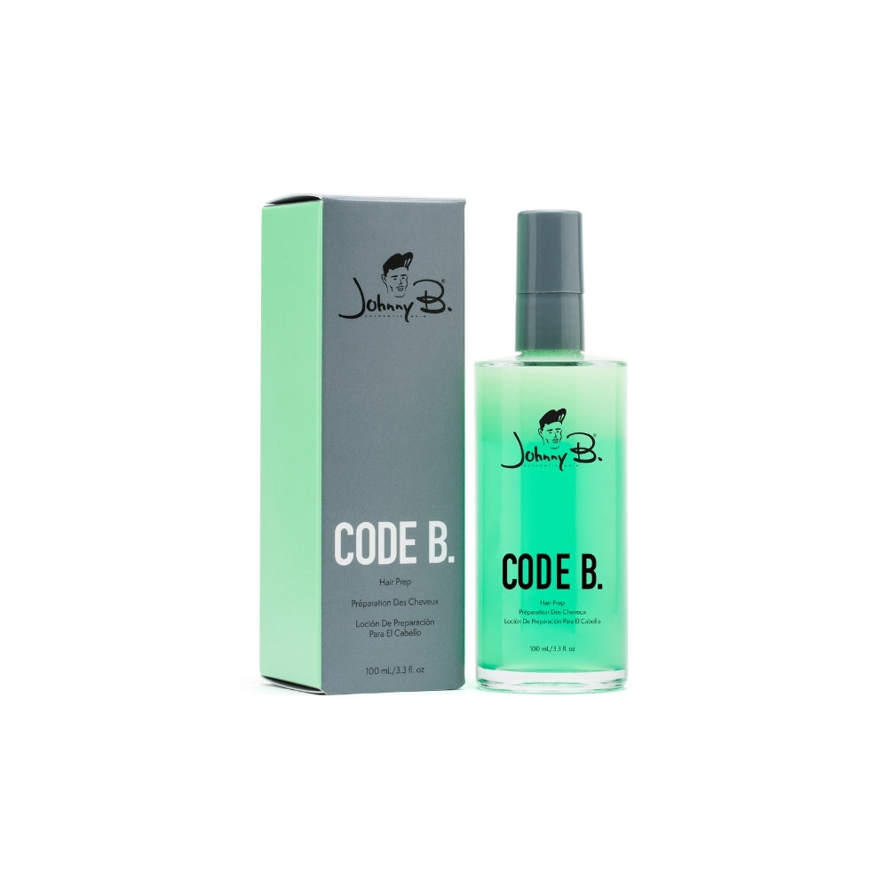 Johnny B Code B Hair Prep — 100 ml bottle with box, white background