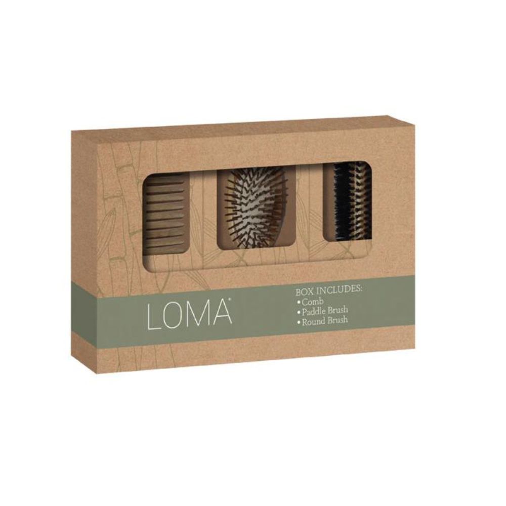 Loma Bamboo Tools Box Set – Paddle Brush, Round Brush and Detangling Comb