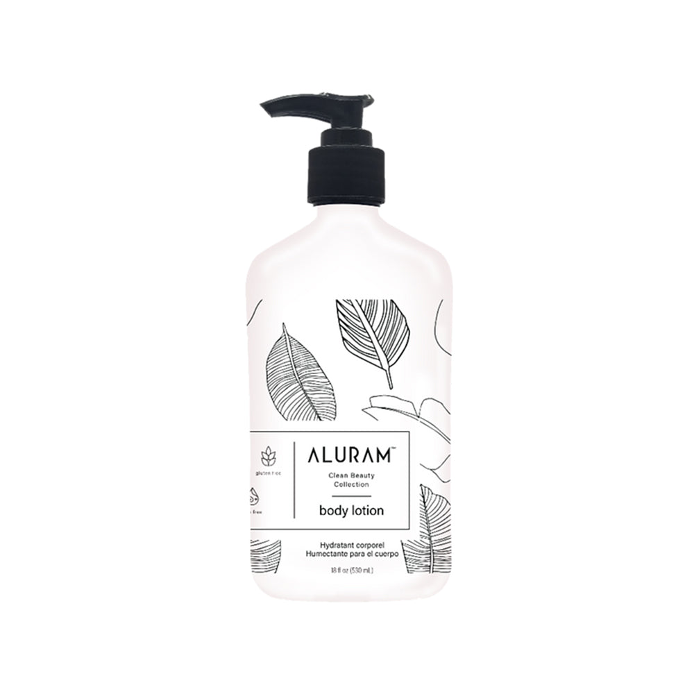 Aluram Clean Beauty Body Lotion — 532 ml (18 oz) pump bottle, leaf-pattern label, plain white background