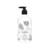 Aluram Clean Beauty Body Lotion — 532 ml (18 oz) pump bottle, leaf-pattern label, plain white background