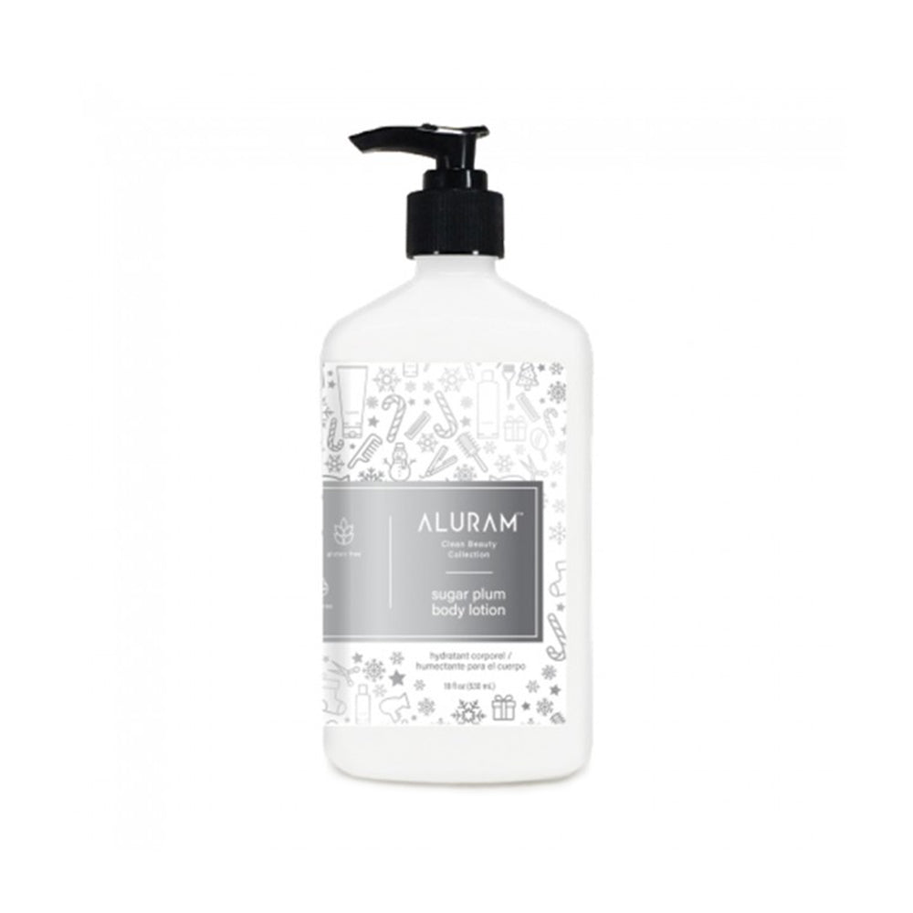 Aluram Sugar Plum Body Lotion — 532 ml pump bottle, silver-grey patterned seasonal label, plain white background