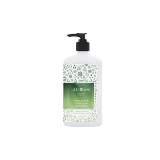 Aluram Sweet Pear Winter Spice Body Lotion — 530 ml pump bottle, green patterned seasonal label, plain white background