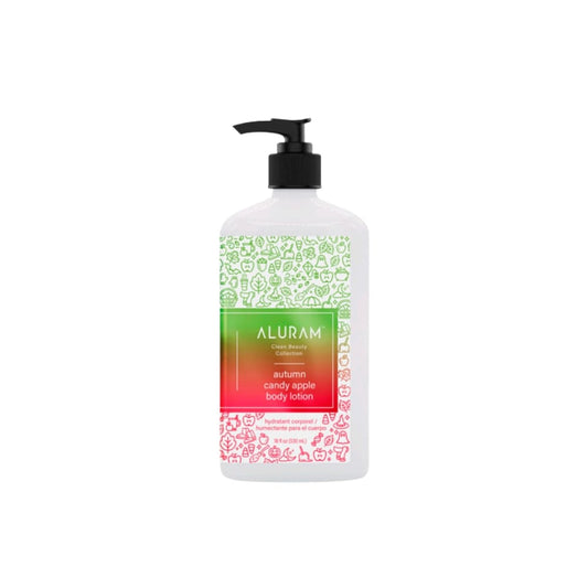 Aluram Autumn Candy Apple Body Lotion — 532 ml pump bottle, red and green patterned seasonal label, plain white background