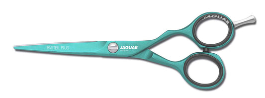 Jaguar White Line Pastell Plus Offset 5.5" hairdressing shear in Mint — mint-coated blade, shanks and finger rings, side profile on white