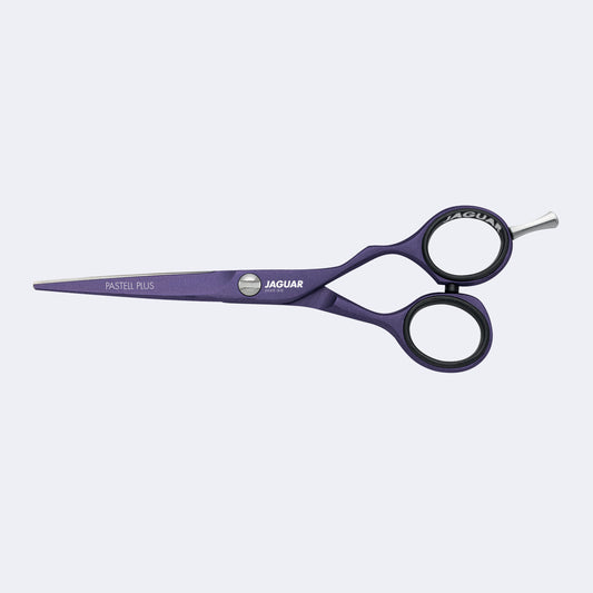 Jaguar White Line Pastell Plus Offset 5.5" hairdressing shear in Viola — violet-coated blade, shanks and finger rings, side profile