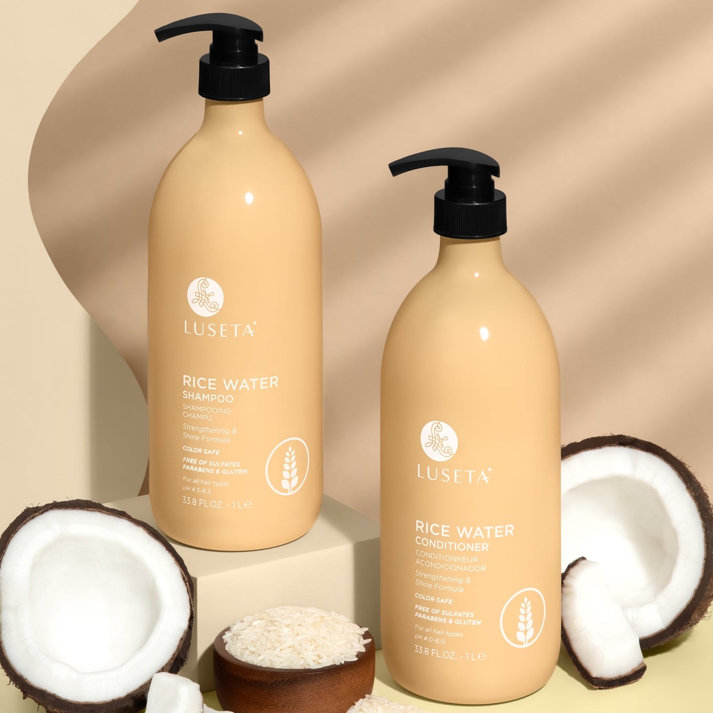 Luseta Beauty Rice Water Shampoo & Conditioner Duo - matching 33.8 fl oz / 1 L shampoo and conditioner pair with rice and coconut