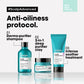 L'Oréal Professionnel Scalp Advanced Anti-Oiliness Dermo-Purifier Shampoo — official three-step anti-oiliness protocol: dermo-purifier shampoo, 2-in-1 deep purifier clay, intense soother treatment
