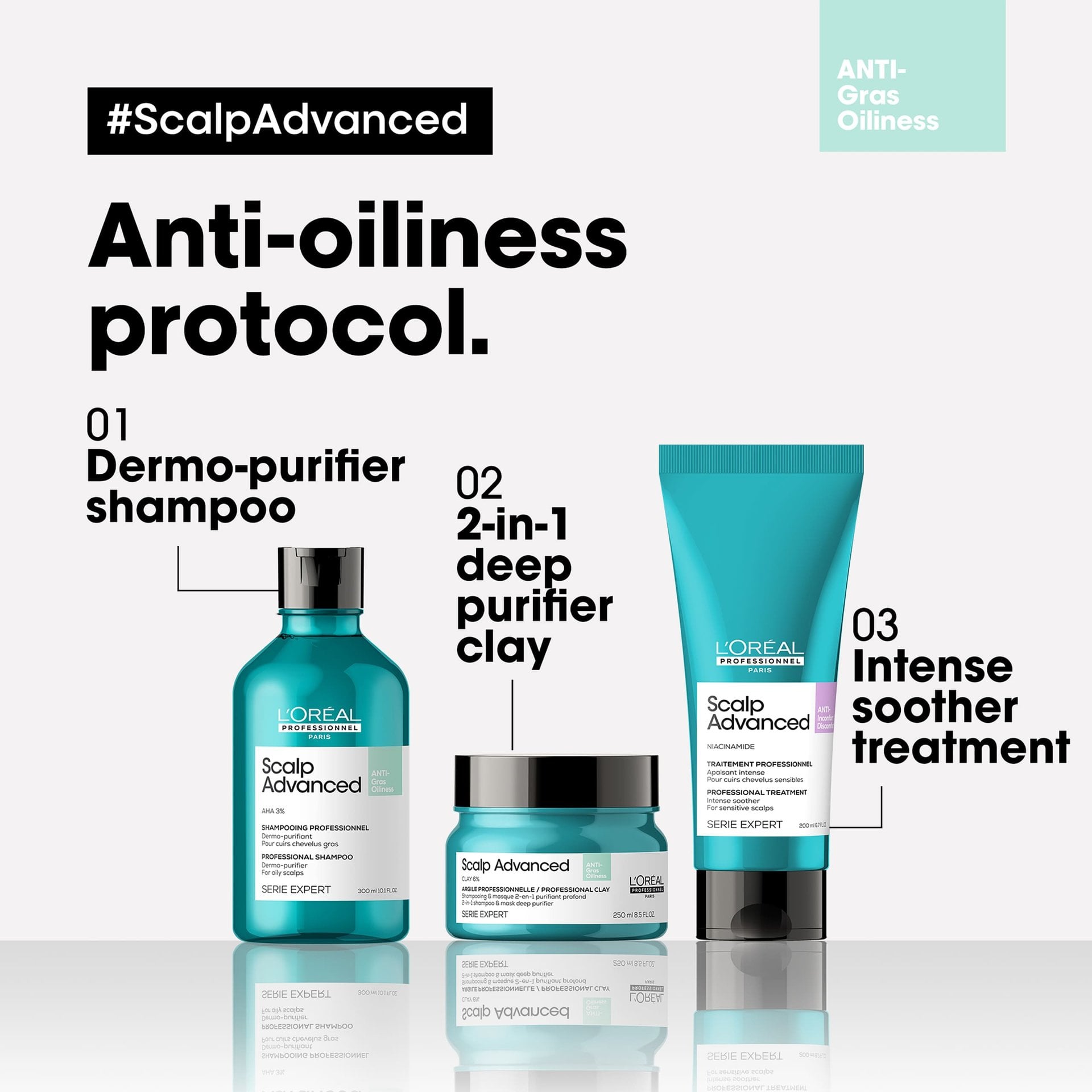 L'Oréal Professionnel Scalp Advanced Anti-Oiliness Dermo-Purifier Shampoo — official three-step anti-oiliness protocol: dermo-purifier shampoo, 2-in-1 deep purifier clay, intense soother treatment