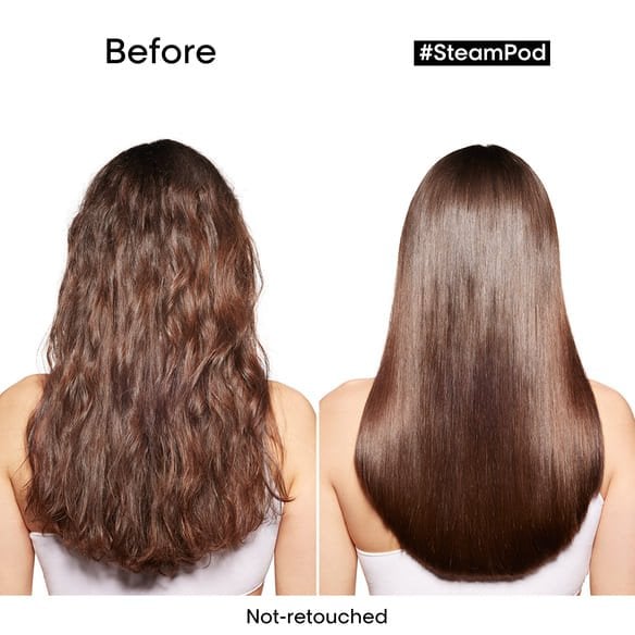 L'Oréal Professionnel Steampod Protective Smoothing Serum — official before-and-after smoothing result, not retouched