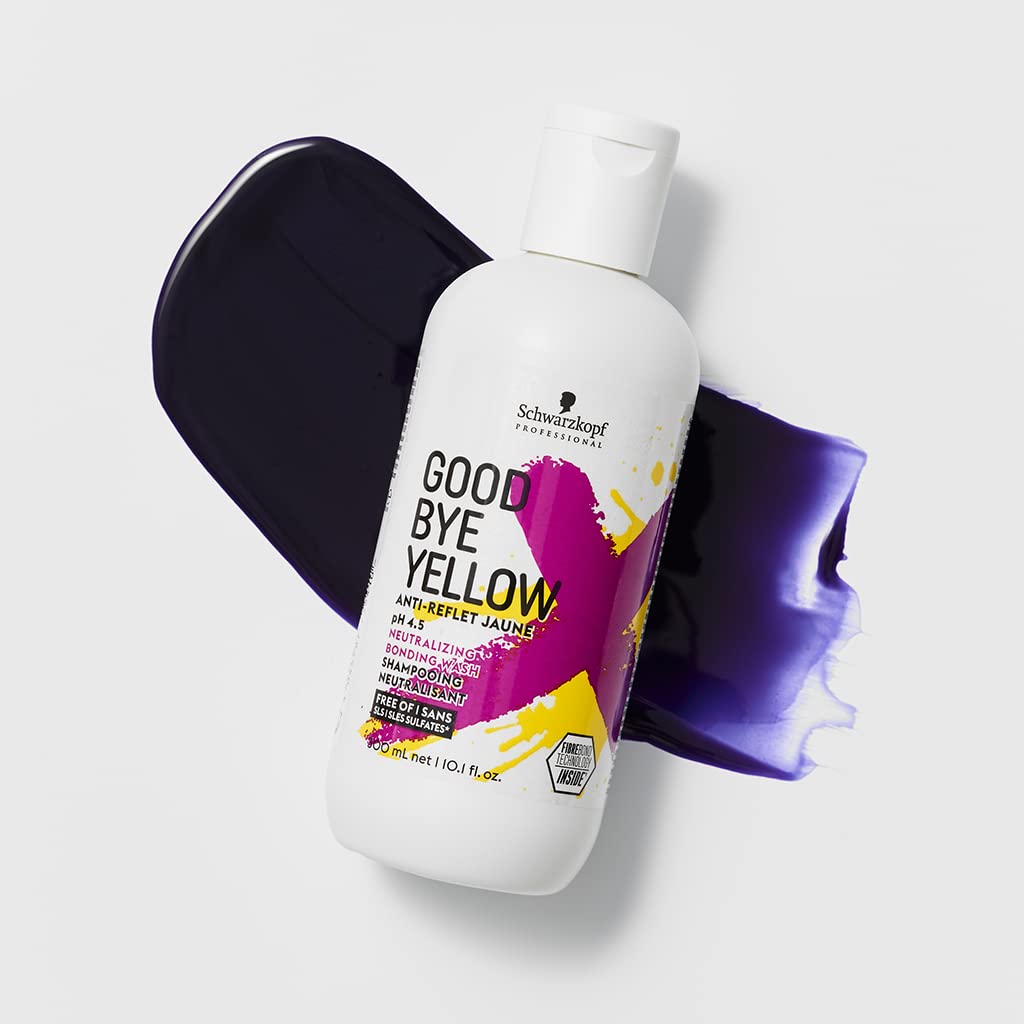 Bonacure Goodbye Yellow Wash — 300 ml bottle on purple pigment swatch, official brand flat lay