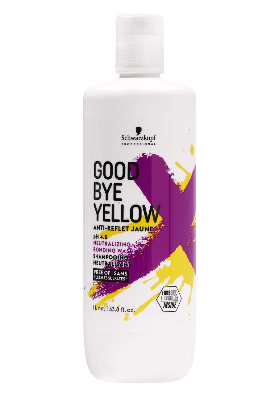 Bonacure Goodbye Yellow Wash — 1 L bottle front, white bottle with purple X, plain background