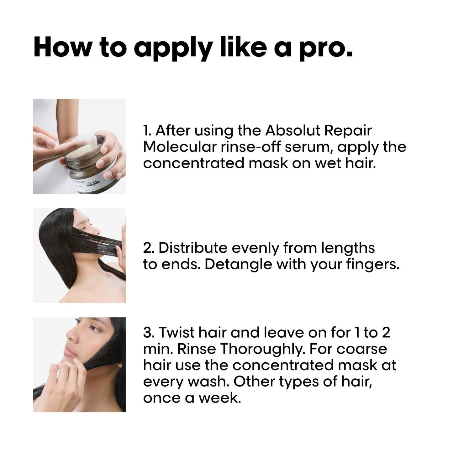 L'Oréal Professionnel Absolut Repair Molecular Salon Duo — official three-step professional application guide for the rinse-off mask