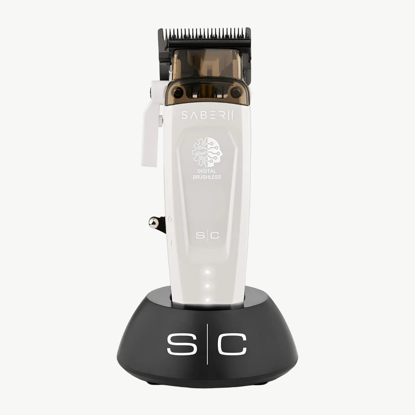 Color: White; Saber 2 Professional Hair Clipper with EON Digital Brushless Motor clipper in charging base