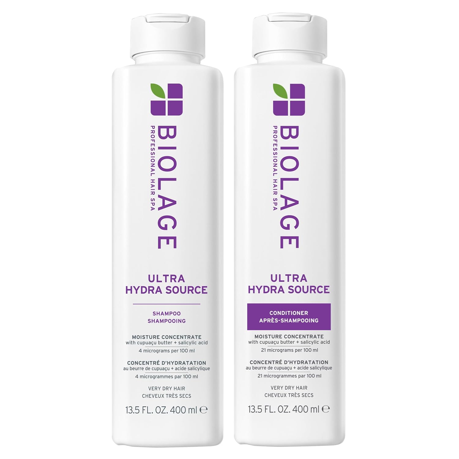 Biolage Ultra HydraSource Duo — 400 ml shampoo and conditioning balm pair, front labels, plain white background