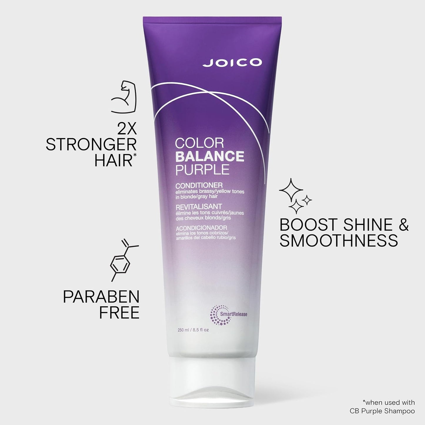 Joico Color Balance Purple Conditioner — benefit graphic on the 250 ml tube — 2x stronger hair, boost shine, paraben free