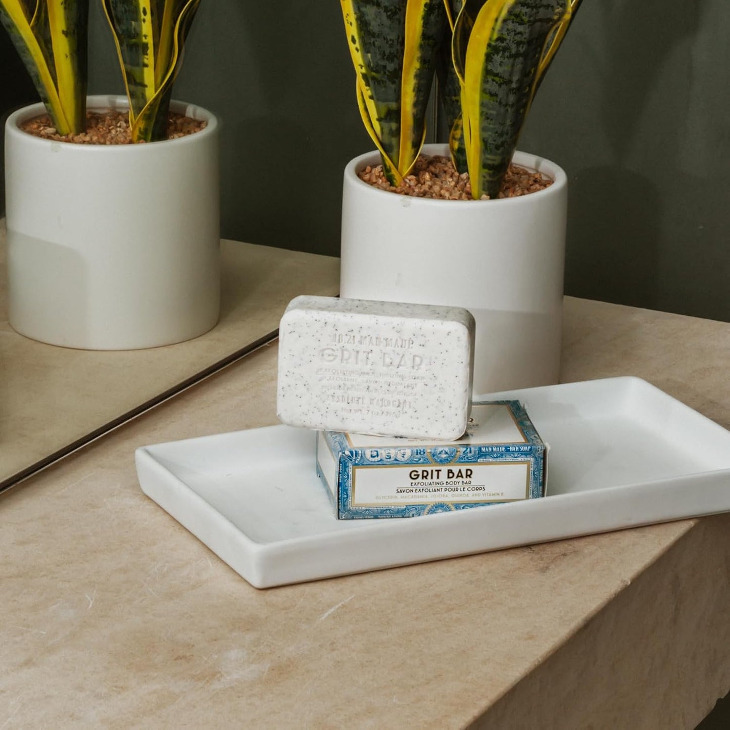 18.21 Man Made Grit Bar — grit bar on soap tray, lifestyle shot