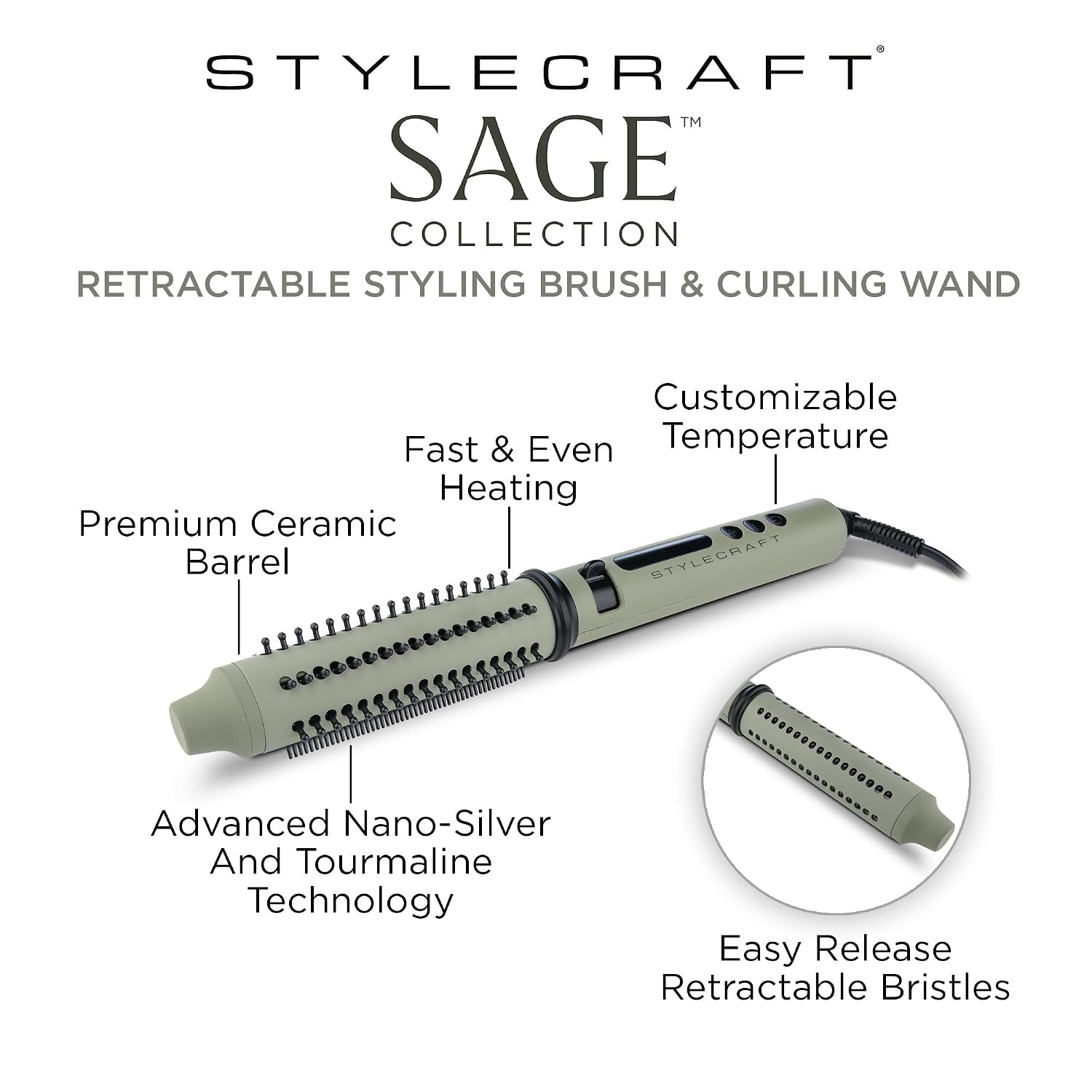 StyleCraft Sage 2-in-1 Retractable Hot Brush Curling Wand – Professional