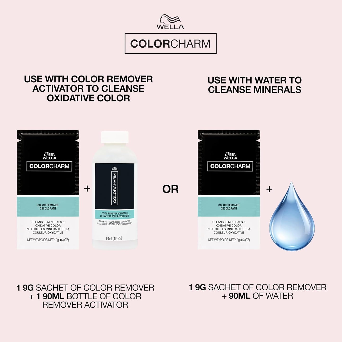 Wella Color Charm Colour Remover mixing guide — one sachet with activator, or one sachet with 90 ml water