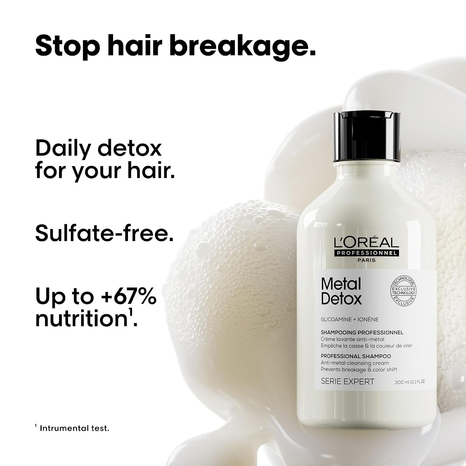 L'Oréal Professionnel Metal Detox Anti-Metal Cleansing Cream Shampoo — official claim card: stop hair breakage, daily detox, sulfate-free, up to +67% nutrition