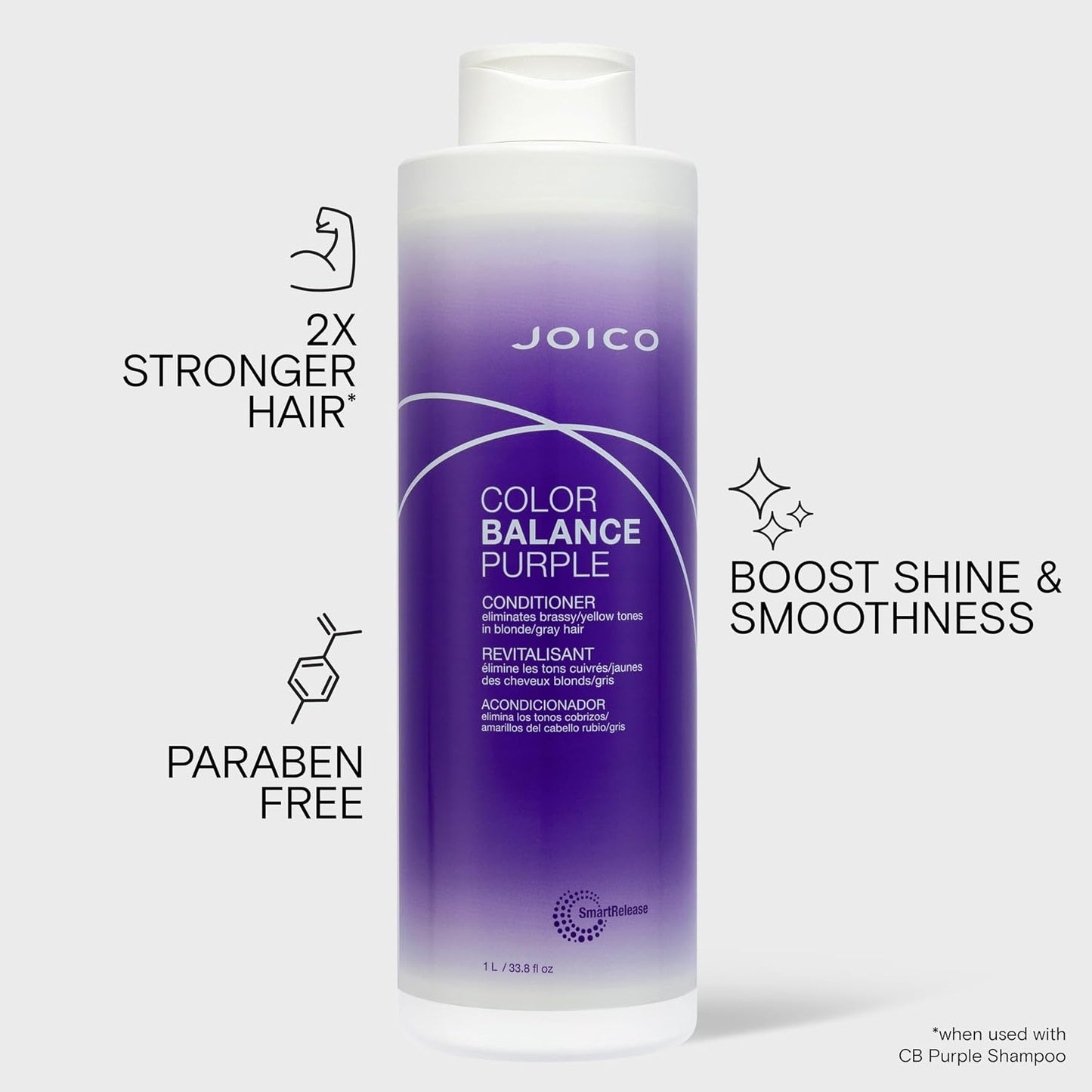 Joico Color Balance Purple Conditioner — benefit graphic on the 1 L bottle — 2x stronger hair, boost shine, paraben free