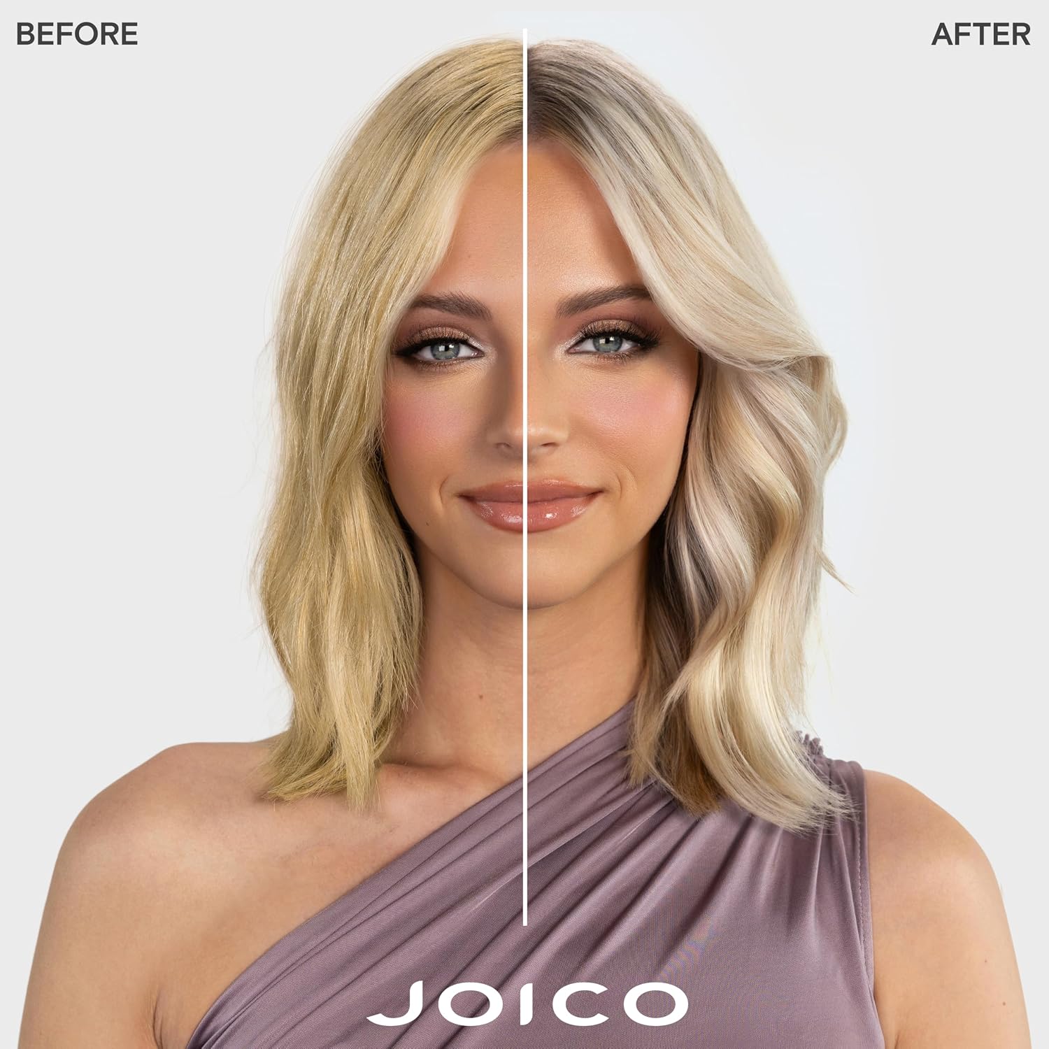 Joico Color Balance Purple Conditioner — before-and-after blonde model result, Joico brand frame