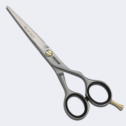Jaguar Pre Style Relax Slice — 6 inch offset hairdressing shear with polished slice-cutting blade, RELAX SLICE engraving, full side view on a plain white background