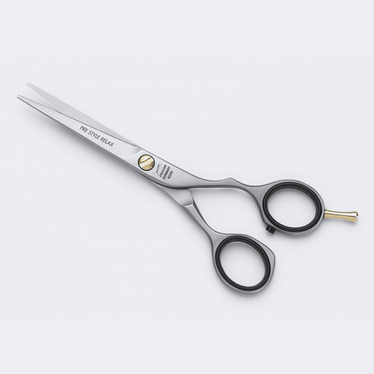 Jaguar Pre Style Relax — 6 inch offset hairdressing shear in satin finish, manufacturer range image shared across the Pre Style Relax size run, full side view on a plain white background