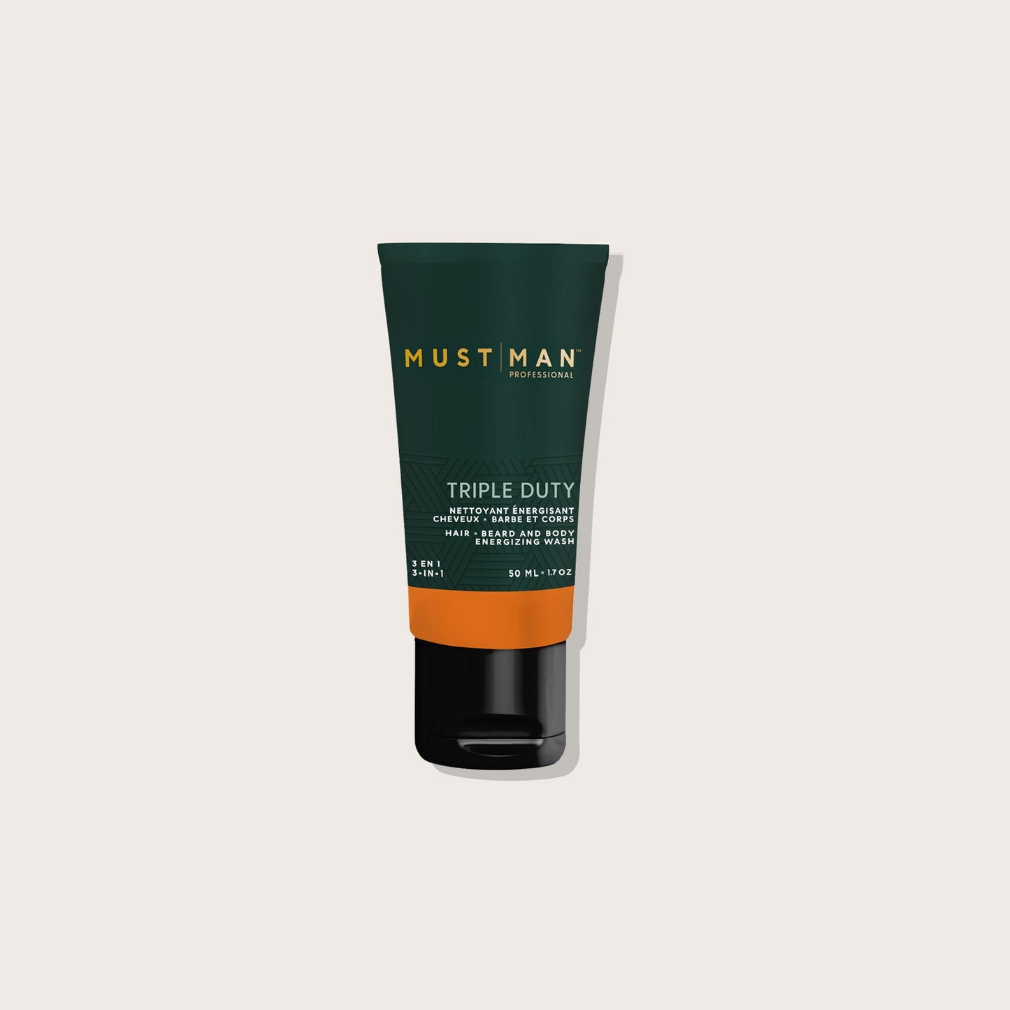 Must Man Professional Triple Duty Hair, Beard & Body Wash — 50 ml travel tube, front label, plain off-white background