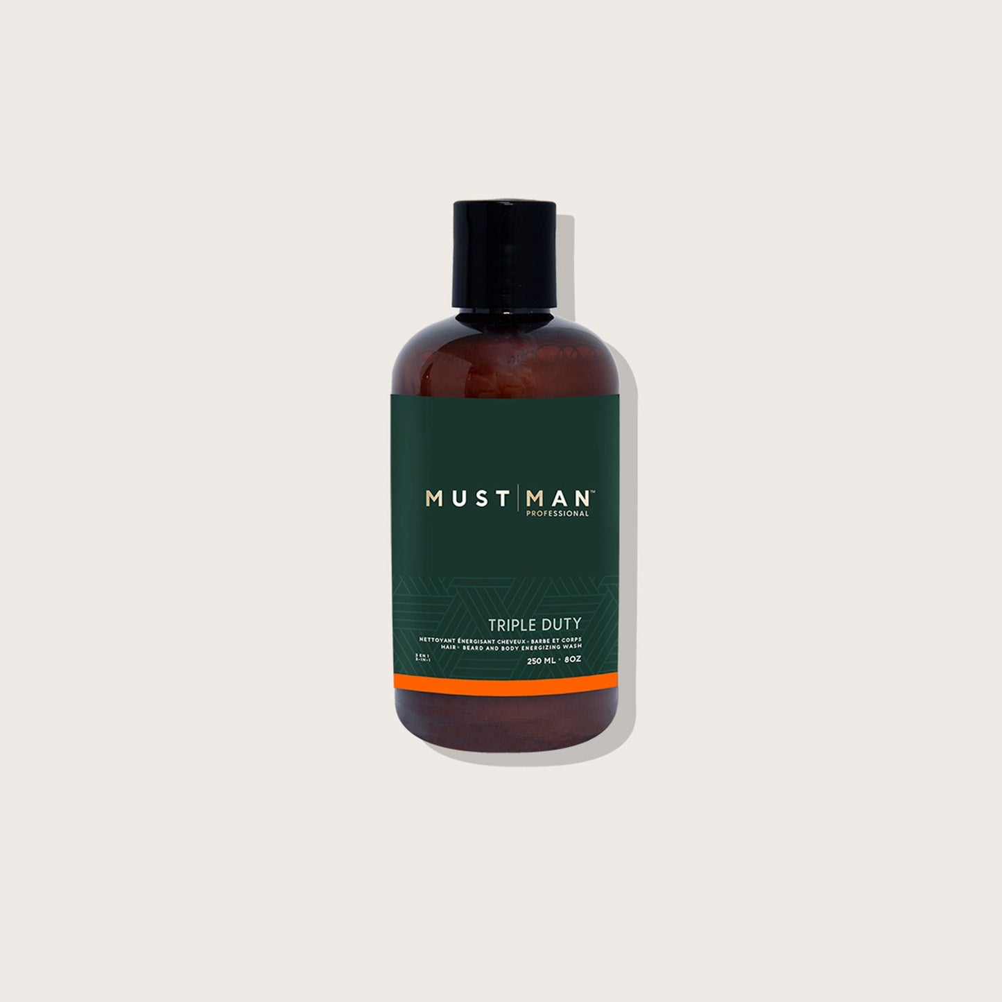 Must Man Professional Triple Duty Hair, Beard & Body Wash — 250 ml amber bottle with black cap, front label, plain background