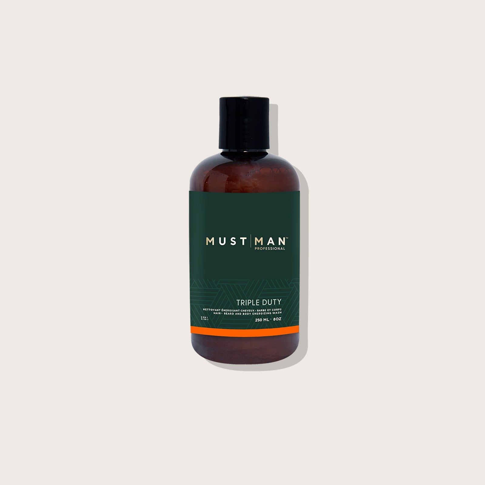 Must Man Professional Triple Duty Hair, Beard & Body Wash — 250 ml amber bottle with black cap, front label, plain background