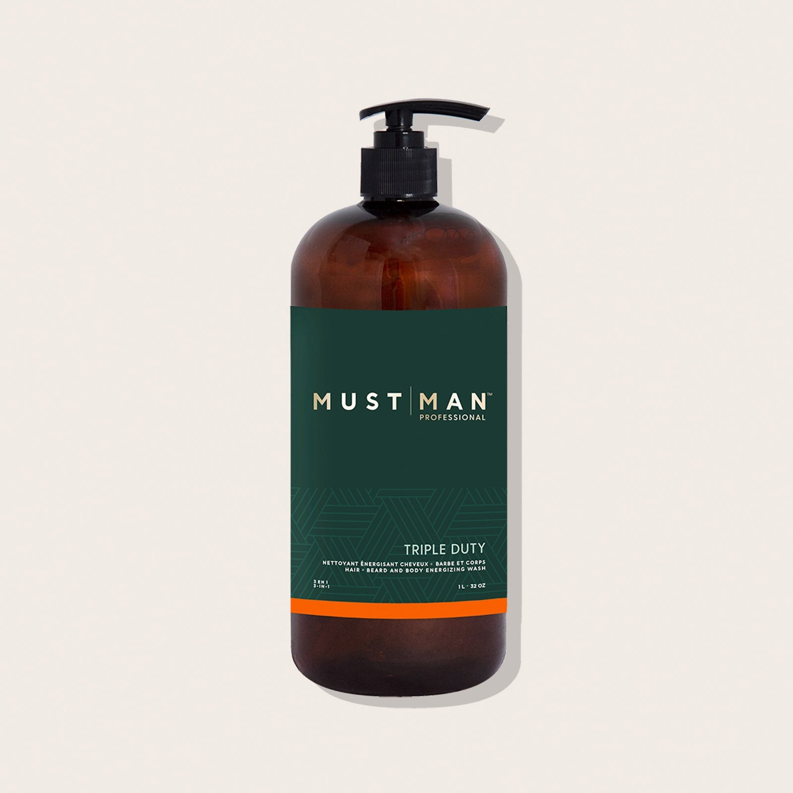 Must Man Professional Triple Duty Hair, Beard & Body Wash — 1 L amber pump bottle, front label, plain background