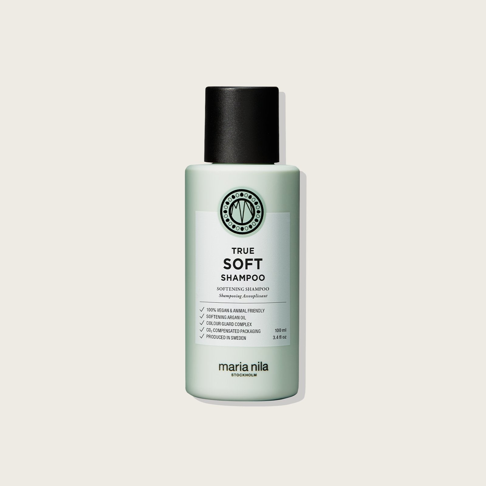Maria Nila True Soft Moisturizing Shampoo for Dry Hair - Reduces Frizz & Static — 100ml bottle, front label, plain background