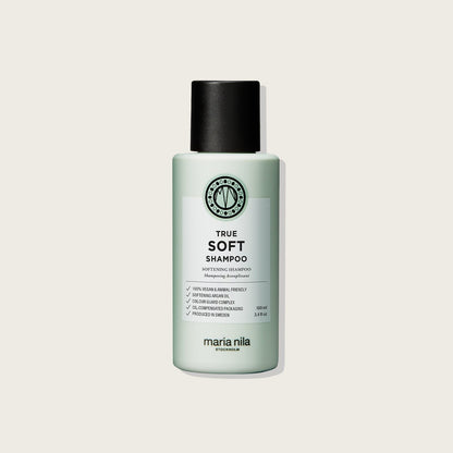 Maria Nila True Soft Moisturizing Shampoo for Dry Hair - Reduces Frizz & Static — 100ml bottle, front label, plain background