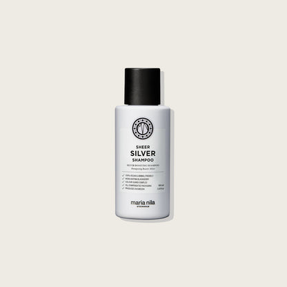 Maria Nila Sheer Silver Booster Shampoo — 100ml bottle, front label, plain background