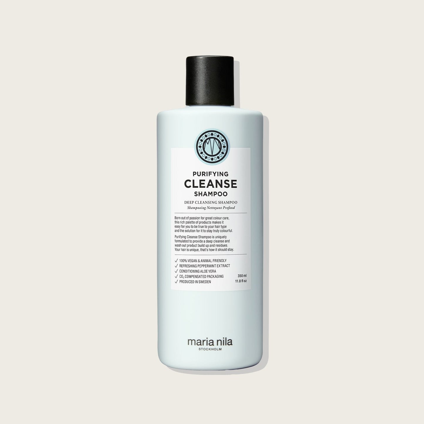 Maria Nila Purifying Cleanse Shampoo — 350ml bottle, front label, plain background