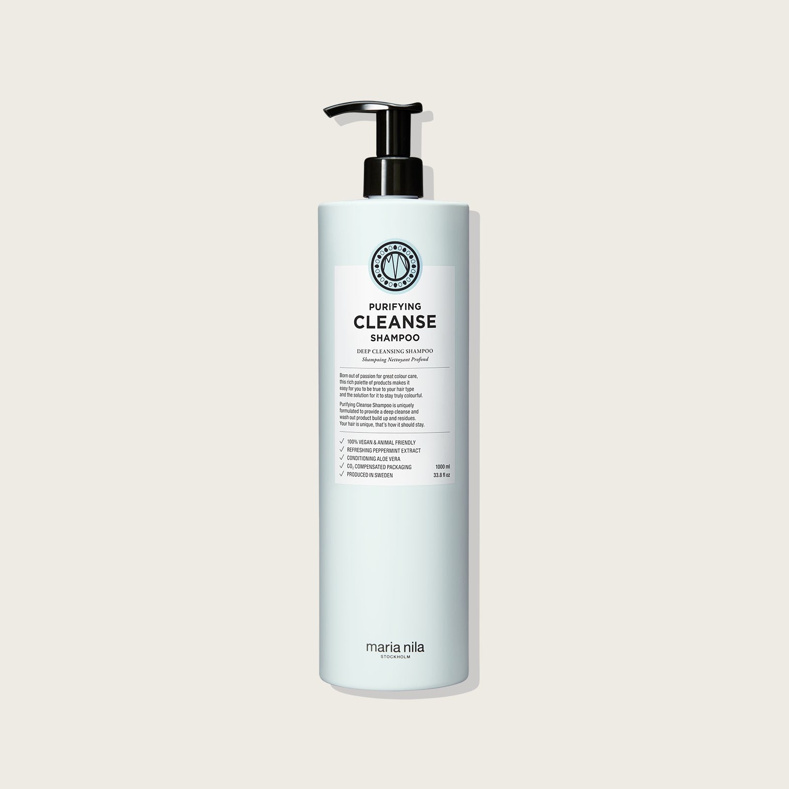 Maria Nila Purifying Cleanse Shampoo — 1L salon bottle, front label, plain background