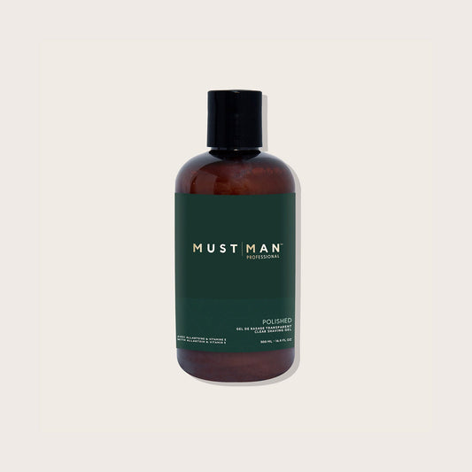 Must Man Professional Polished Clear Shaving Gel — 500 ml amber bottle, front label, plain off-white background