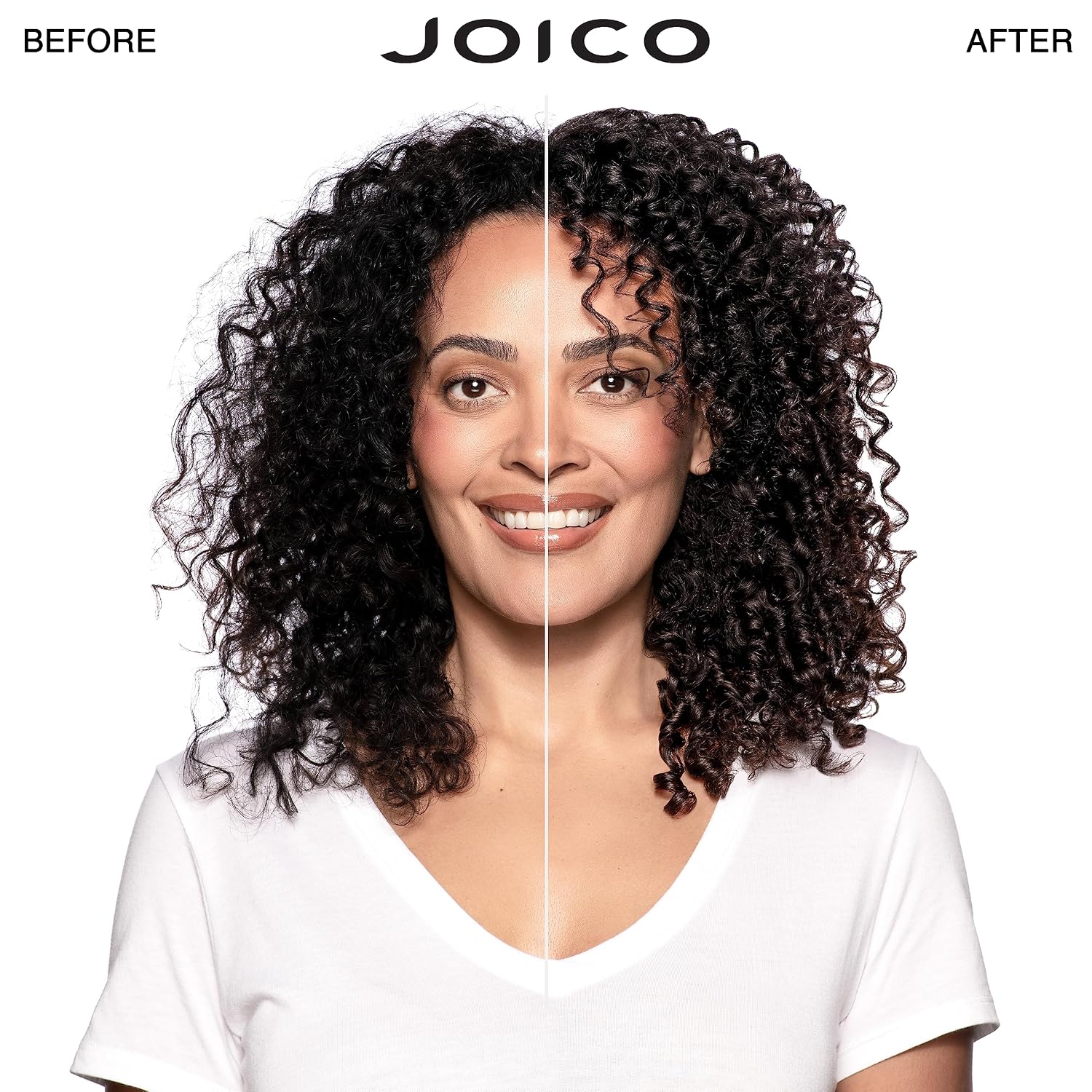 Joico Moisture Recovery Shampoo & Conditioner Duo — before-and-after curly-hair model result, Joico brand frame