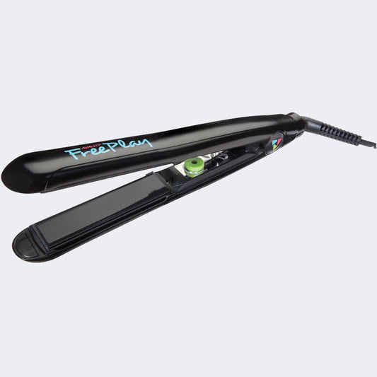 Avanti FreePlay Titanium Flat Iron 1" Black (AFRSTYLE1C) — black FreePlay flat iron, plates open, plain white background