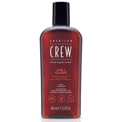 American Crew 3-in-1 — 100 ml travel bottle, front label reading 3-IN-1 CLASSIC, 100 mL / 3.3 Fl. Oz., on a plain white background