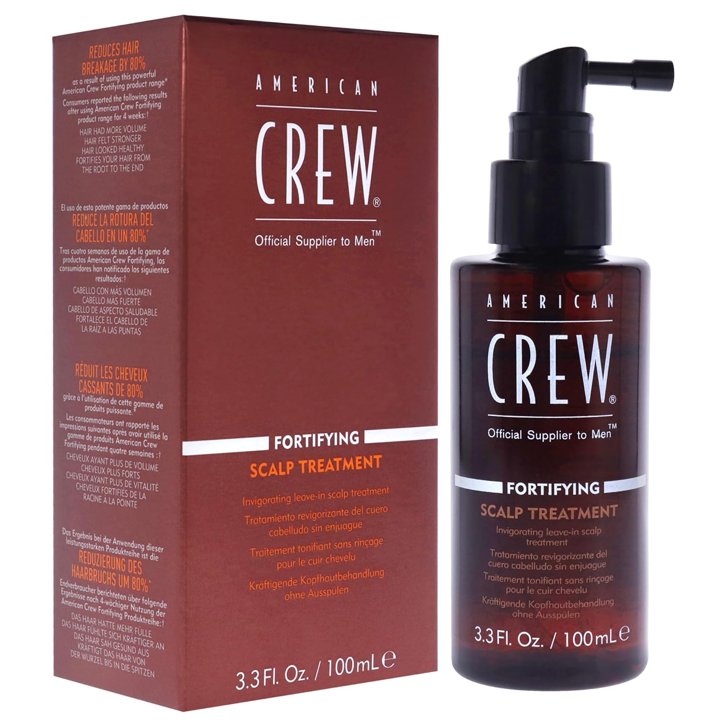 American Crew Fortifying Scalp Treatment — 100 ml spray bottle beside the back of its retail carton showing the multilingual product claims