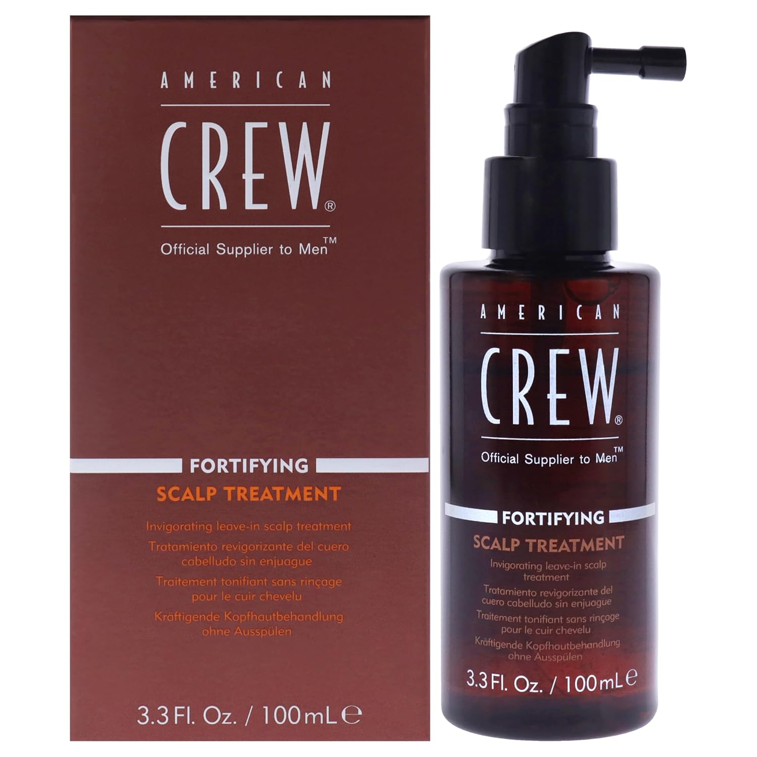 American Crew Fortifying Scalp Treatment — 100 ml spray bottle beside the front of its retail carton, both reading 3.3 Fl. Oz. / 100 mL