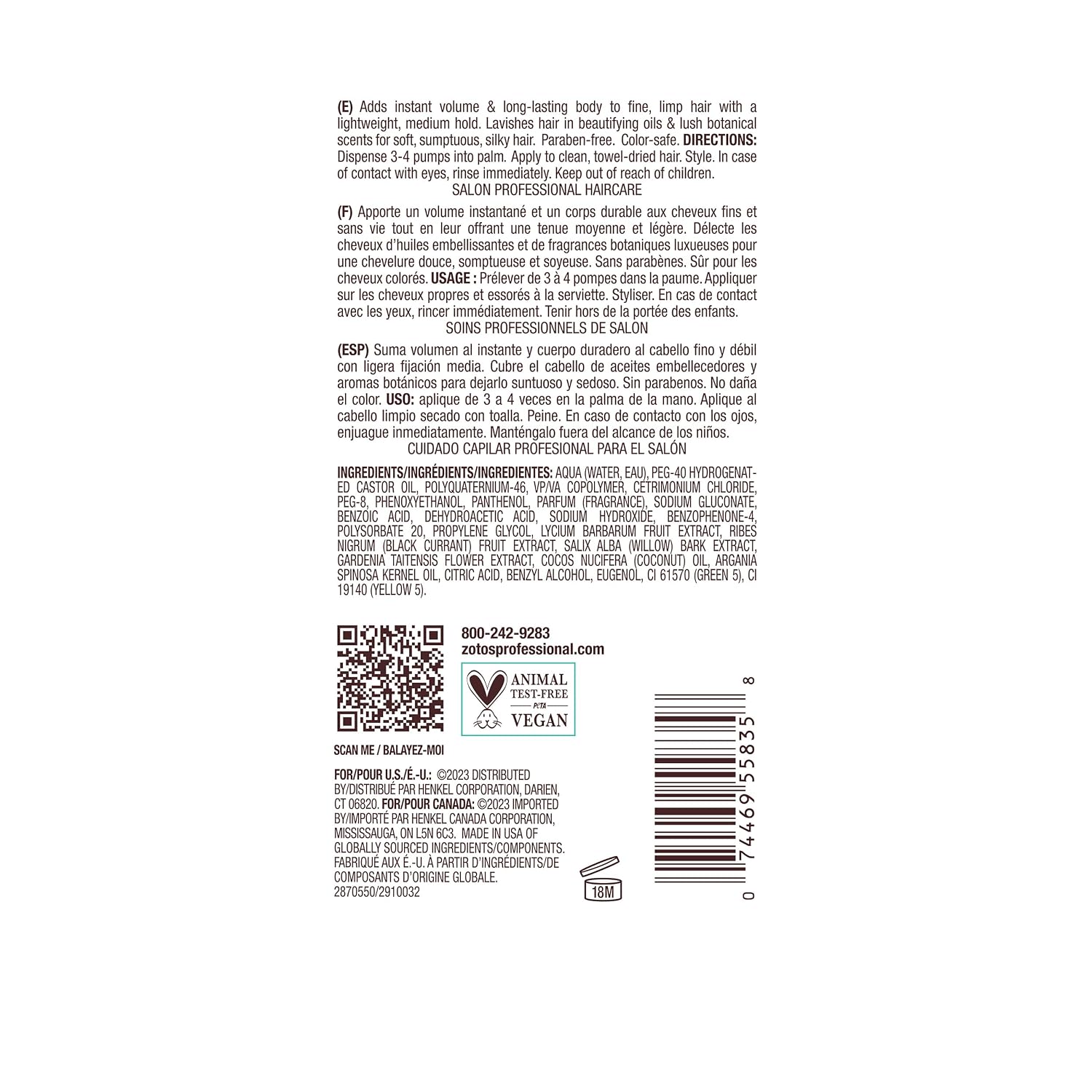 Bain de Terre Rise N' Shine Volumizing Foam — product back label with ingredients and directions