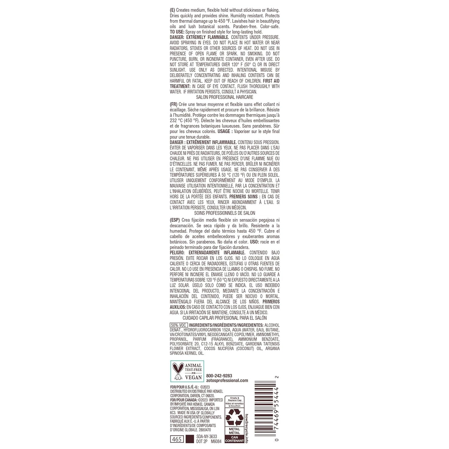 Bain de Terre Stay N' Shape Flexible Shaping Spray — product back label with ingredients and directions