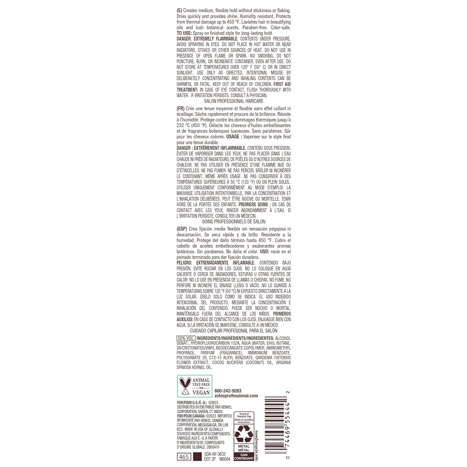 Bain de Terre Stay N' Shape Flexible Shaping Spray — product back label with ingredients and directions