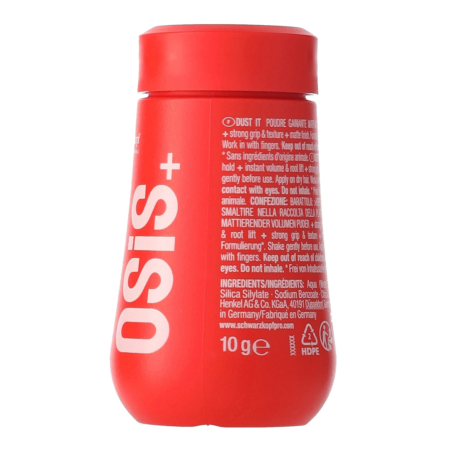 OSiS+ Dust It Mattifying Volume Powder — 10 g red bottle, rear view with usage text