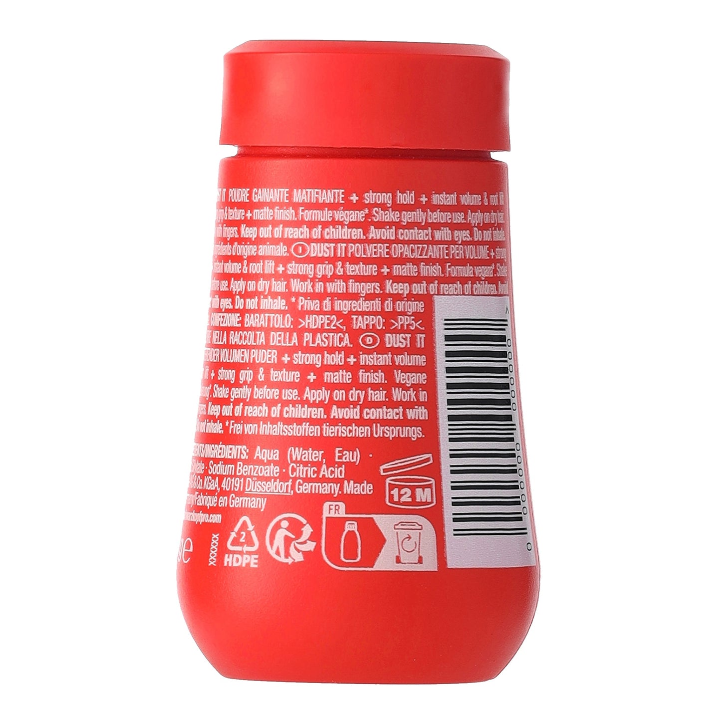 OSiS+ Dust It Mattifying Volume Powder — 10 g red bottle, side view with ingredients