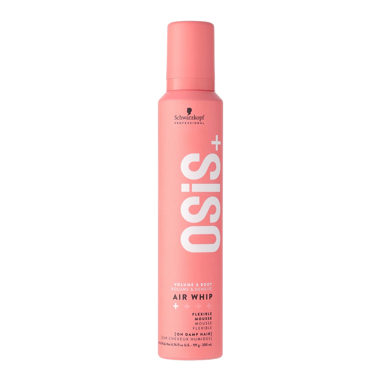 OSiS+ Air Whip Flexible Mousse — 200 ml pink aerosol can, front view, plain white background
